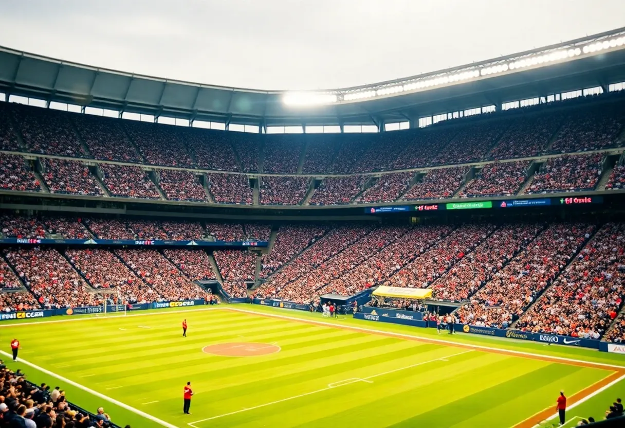 Stadium filled with fans celebrating and showcasing sports career opportunities