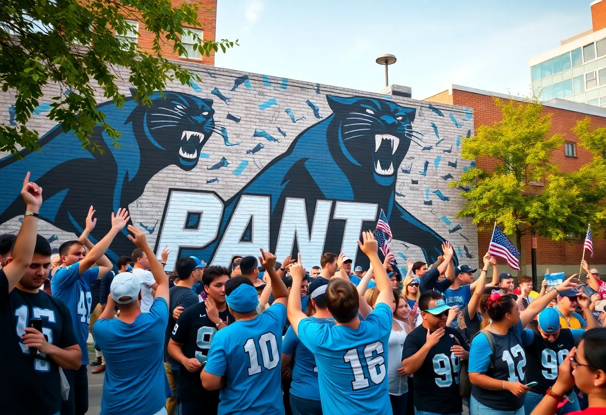Mural of Carolina Panthers in South End Charlotte with fans celebrating.