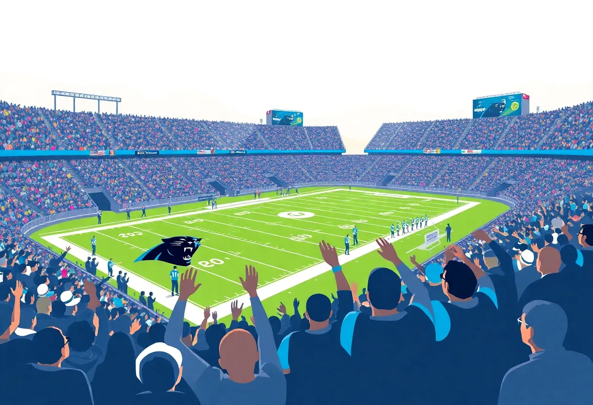 Excited fans at a Carolina Panthers playoff game in a vibrant stadium.