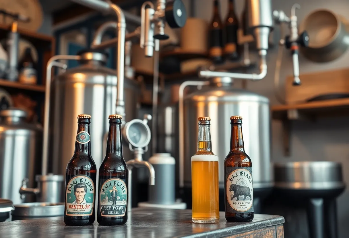 Artisanal brewing equipment and craft beer bottles.