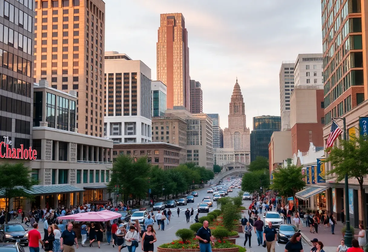 Cityscape of Charlotte with tourists and attractions