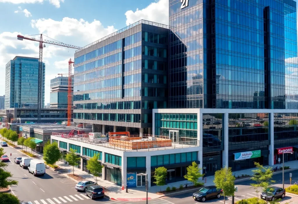 A vibrant commercial real estate scene in Charlotte with modern architecture.