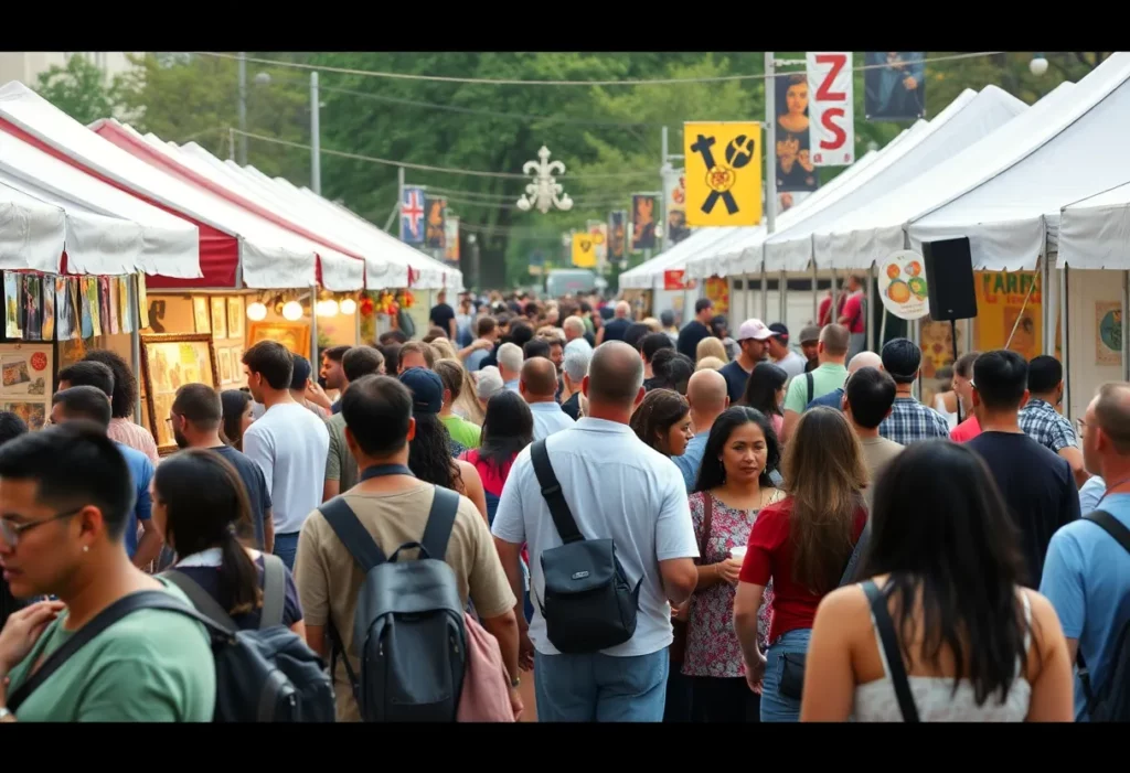 Crowd enjoying a festival in Charlotte with food and art displays