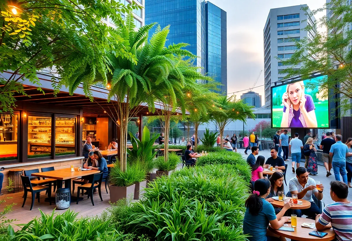 A lively community dining space in Charlotte's South End with outdoor seating and a large LED screen.