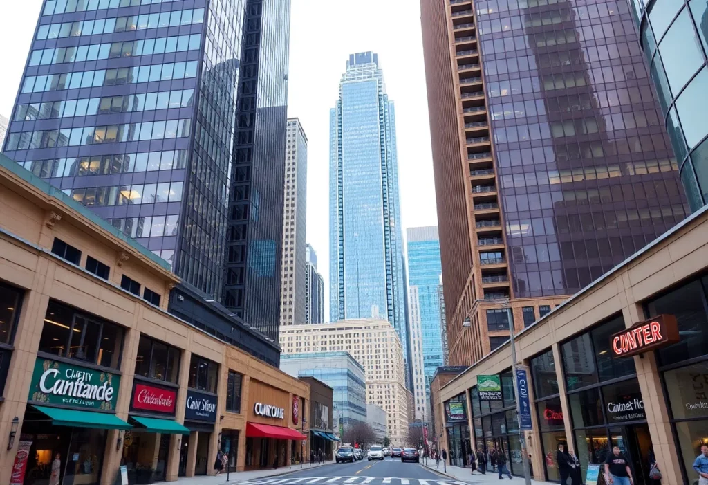Financial district of Charlotte, NC with skyscrapers and businesses.