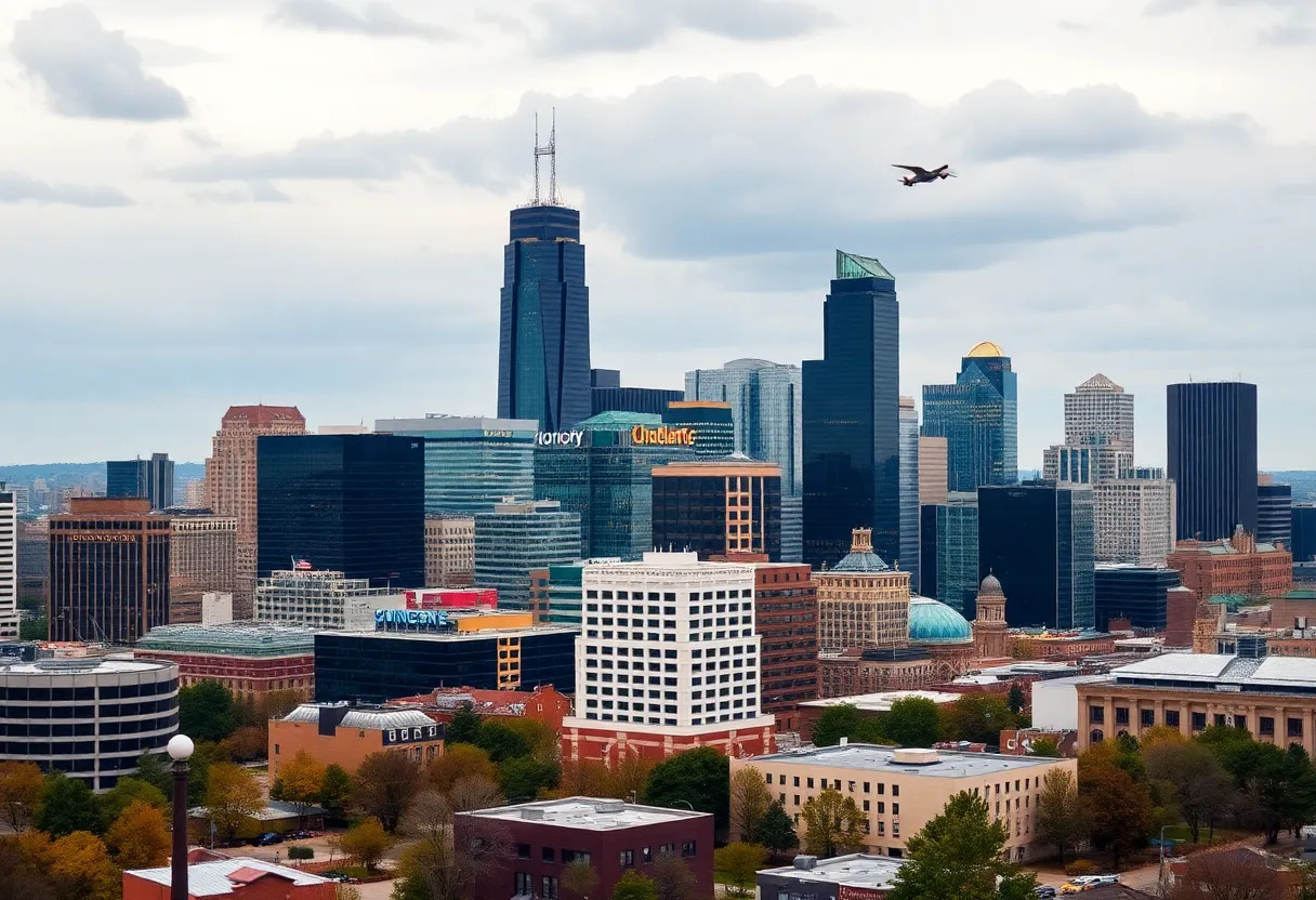Skyline view of Charlotte, North Carolina, showcasing financial buildings.