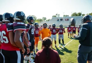 Coach Claxton interacting with Charlotte High School football players on the field