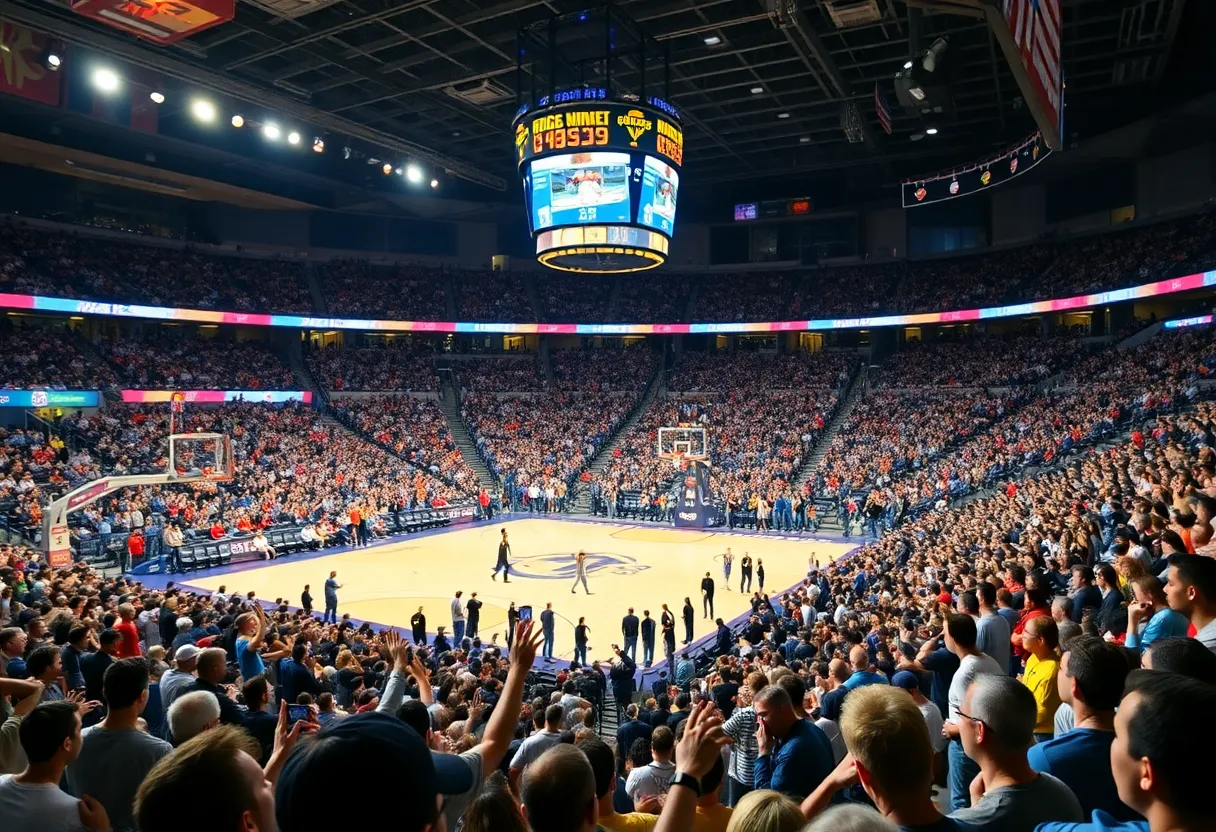 Crowd cheering at the Charlotte Hornets basketball game.