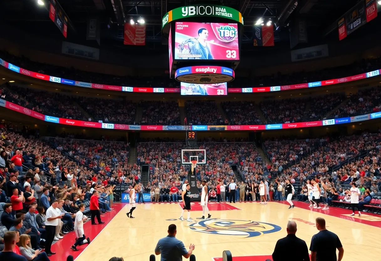 Fans cheering at the Spectrum Center during a Charlotte Hornets game