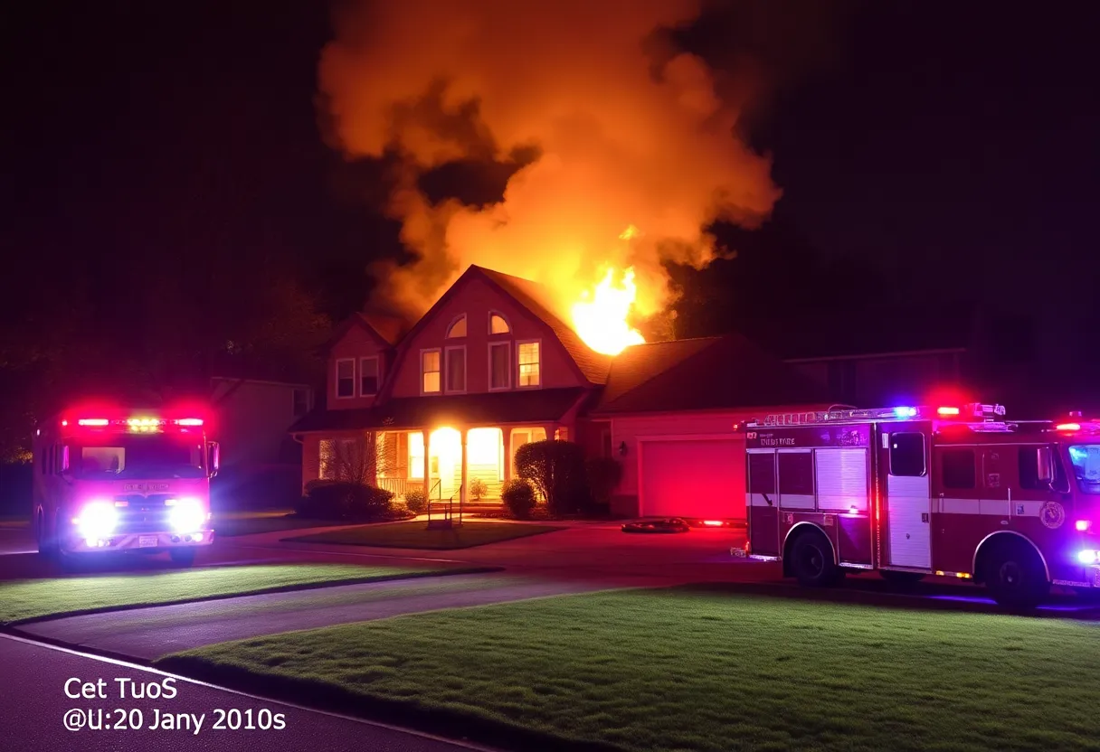 Emergency response to a house fire at night in Charlotte