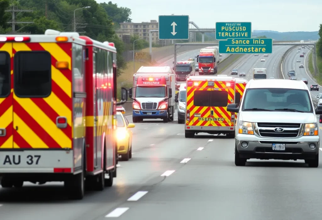 Emergency vehicles responding to a traffic accident on I-485 Outer Loop in Charlotte