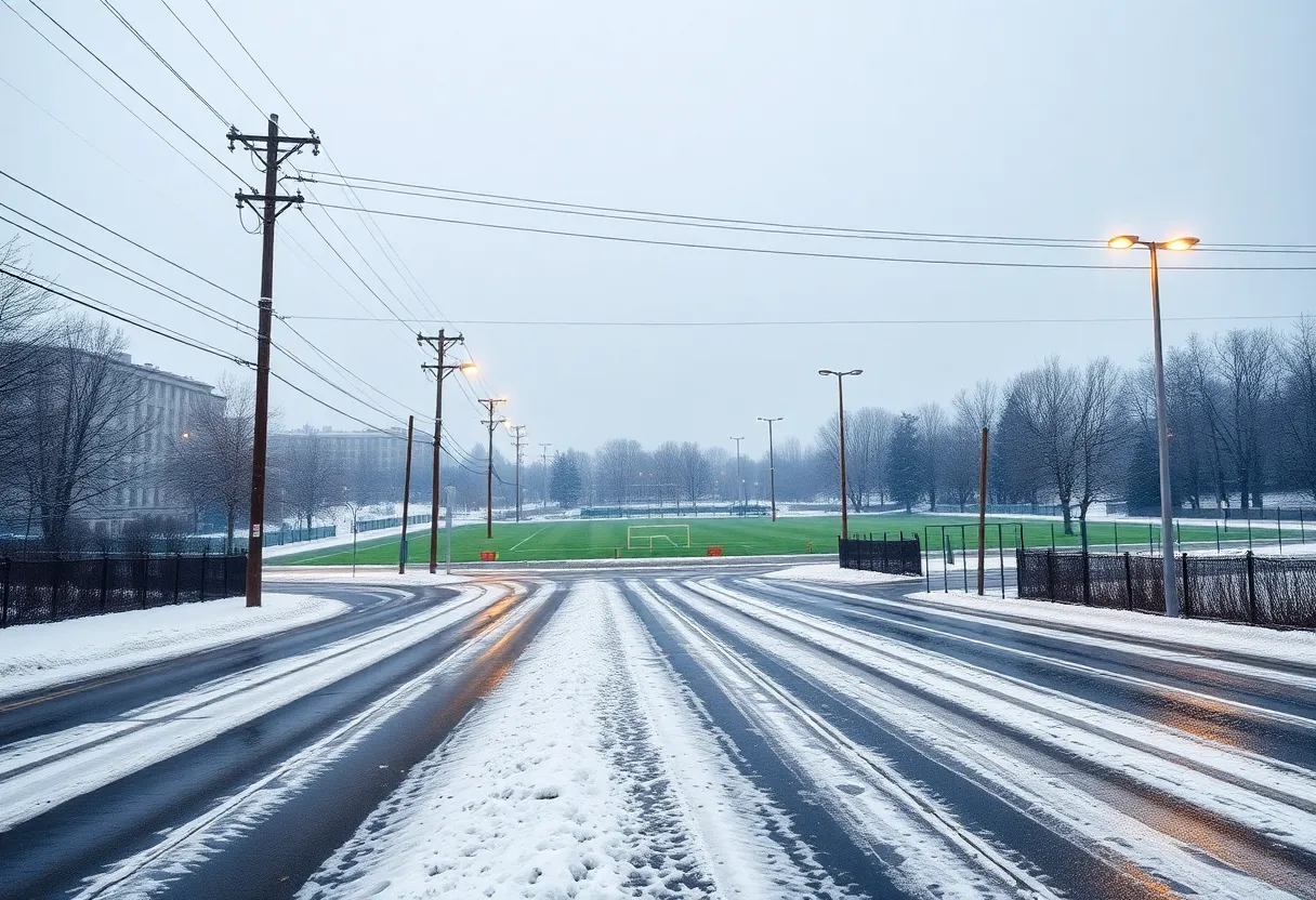 Icy roads and power lines in Charlotte due to ice storm