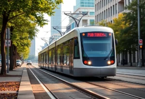 Modern light rail train in Charlotte city