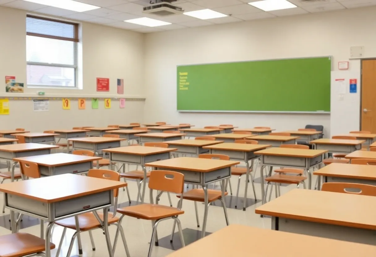 Empty classroom in Charlotte-Mecklenburg Schools highlighting enrollment decline.