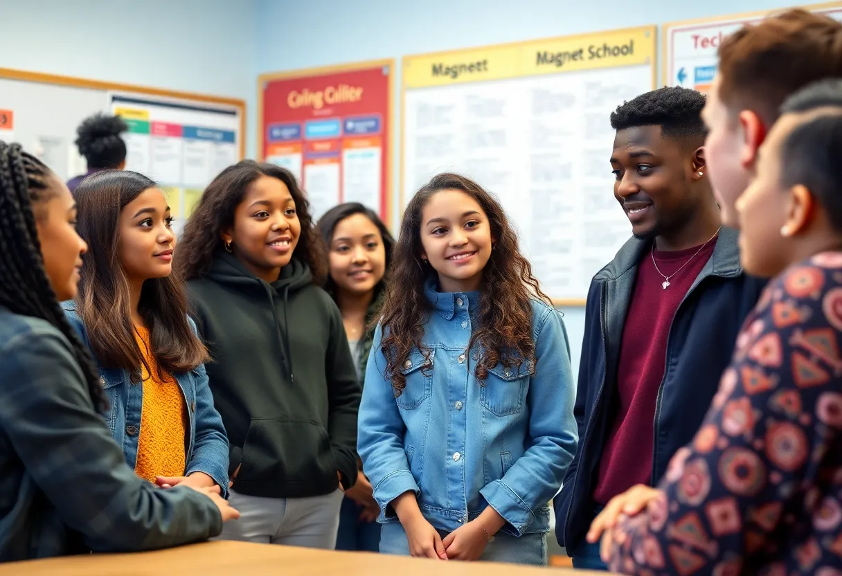 Students engaging in discussion about educational opportunities in a classroom.