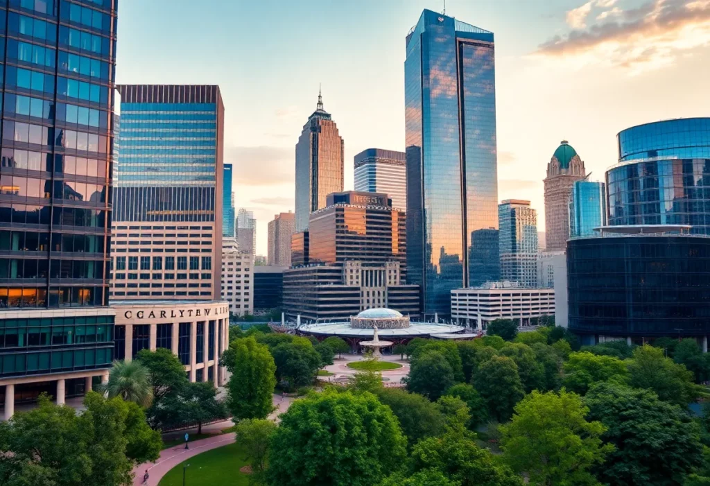 Cityscape of Charlotte NC showcasing modern architecture and bustling streets.