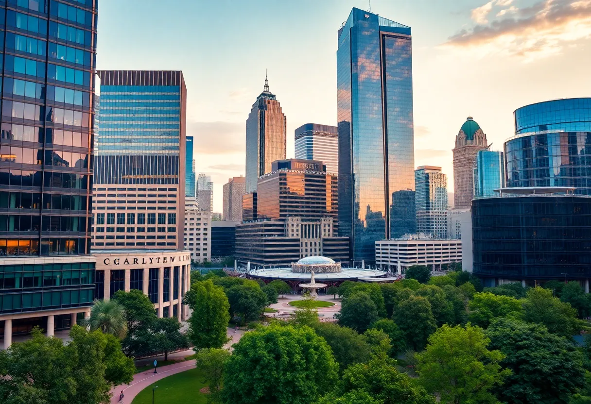 Cityscape of Charlotte NC showcasing modern architecture and bustling streets.