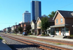 Residential and commercial buildings in Charlotte NC near railroad tracks
