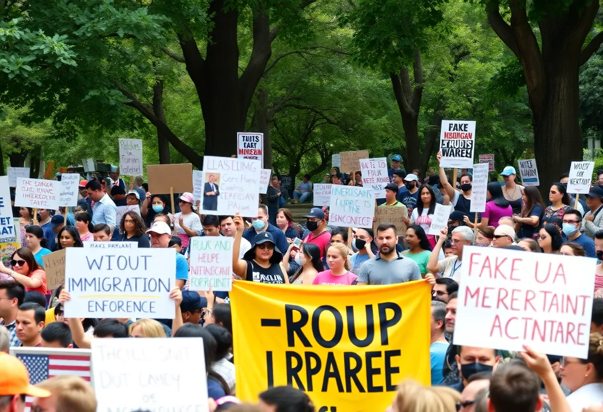 A crowd protesting against ICE in Charlotte's First Ward Park