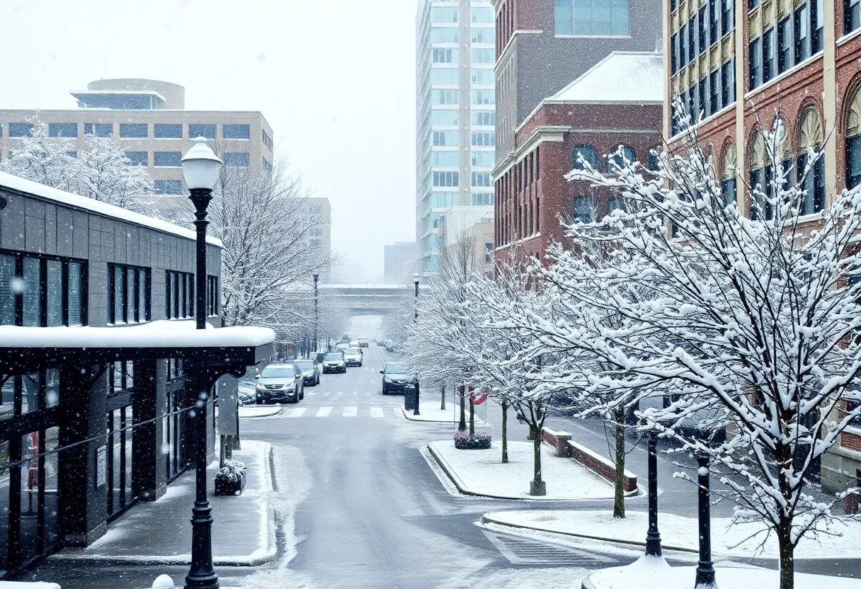 A snowy Charlotte landscape with street visibility affected by snow accumulation