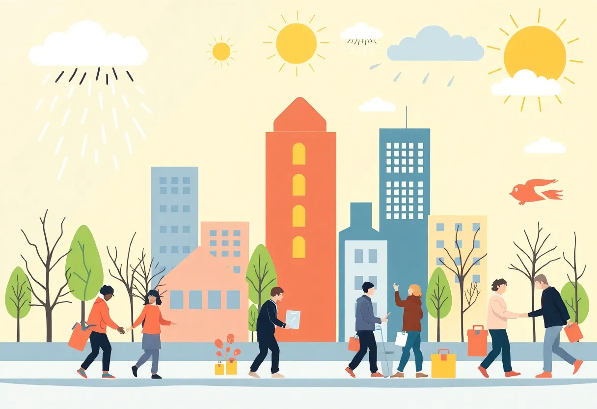 Illustration of diverse weather events in Charlotte with community interactions.