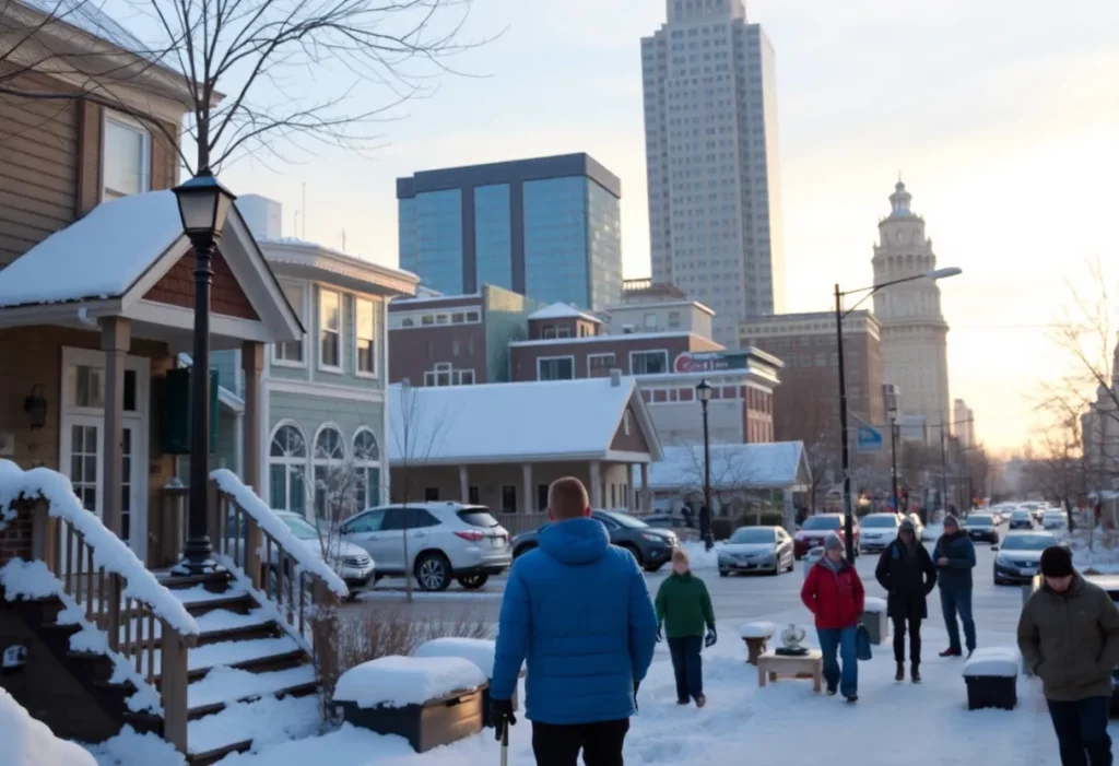 Charlotte community preparing for winter storm with snow-covered streets.