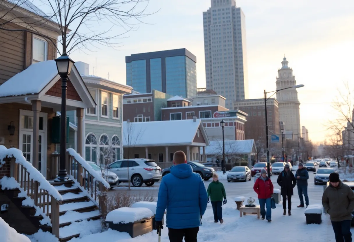 Charlotte community preparing for winter storm with snow-covered streets.