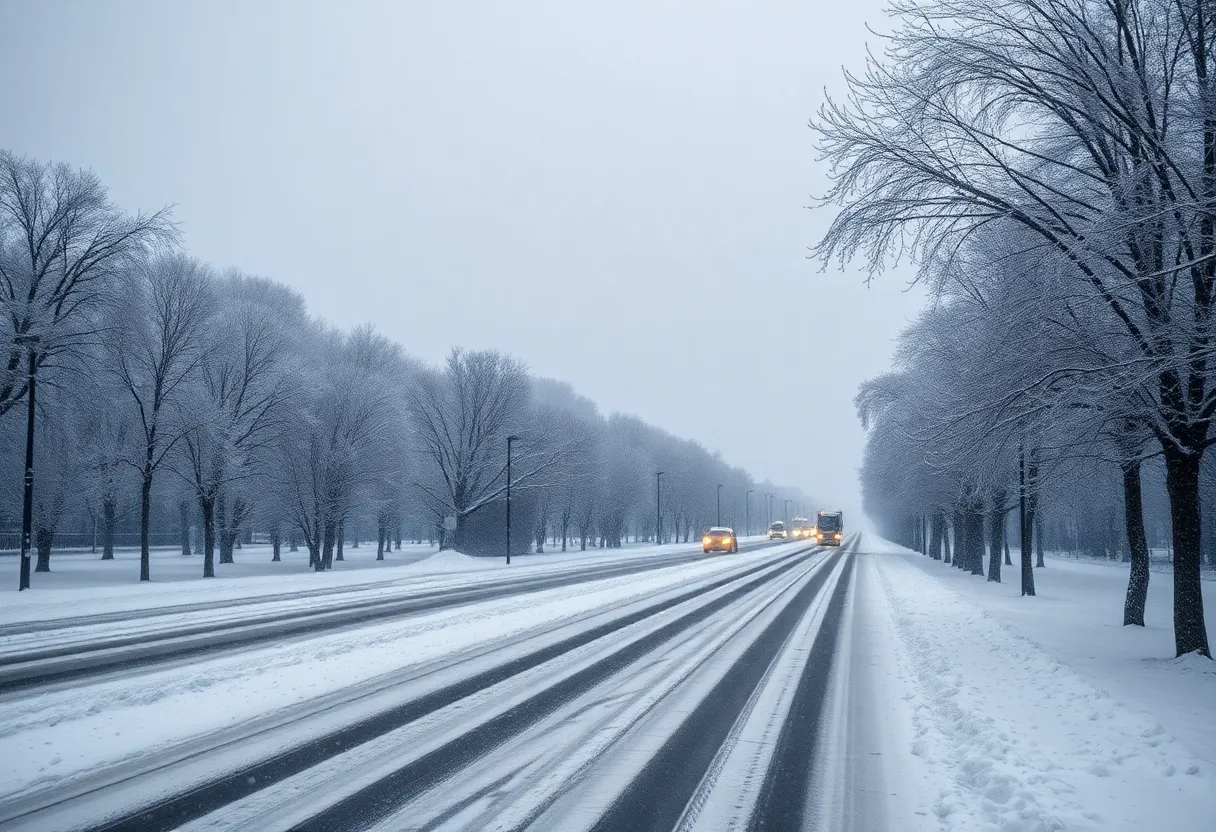 A snowy landscape in Charlotte during winter storm conditions.