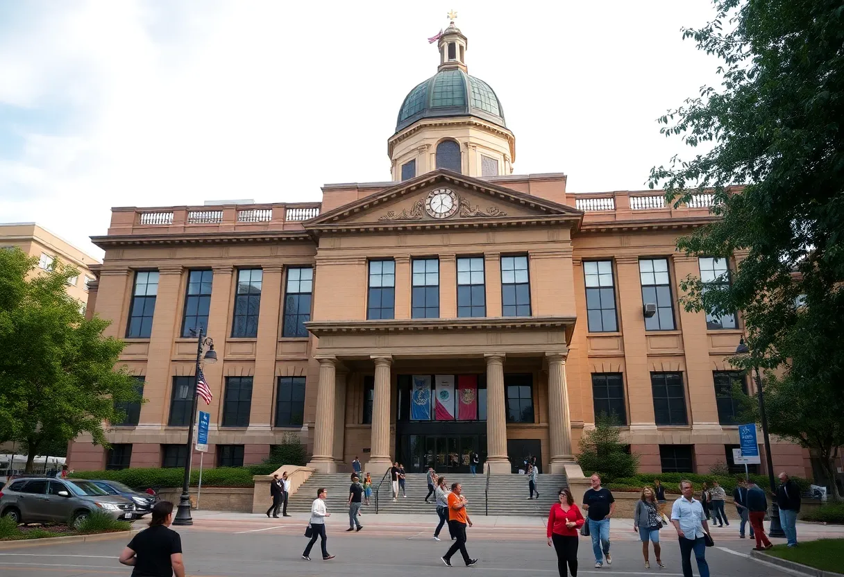 Exterior view of the Charlotte City Council building with people interacting.