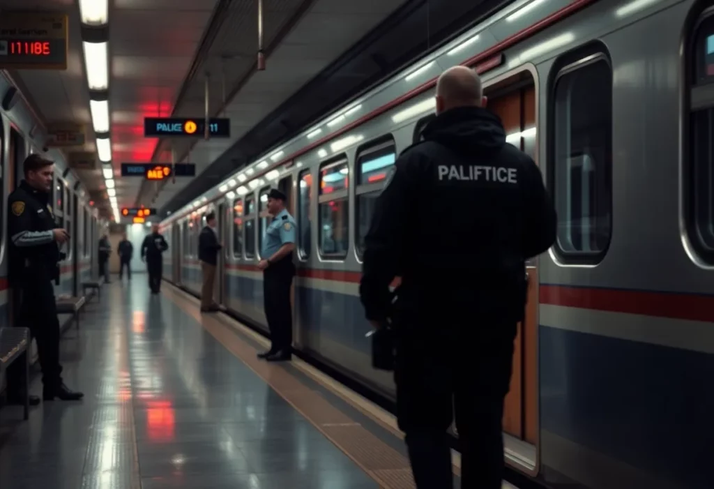 Commuter train platform with police presence and investigative activity