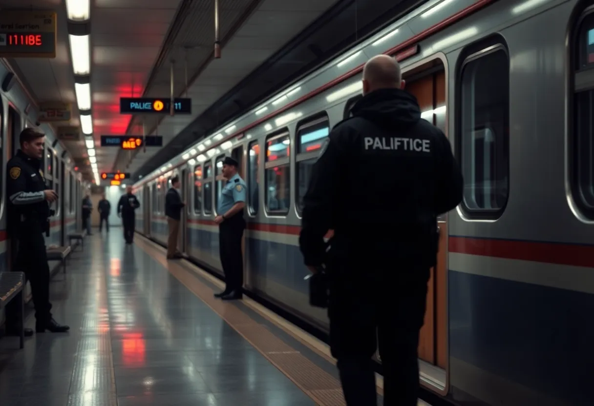 Commuter train platform with police presence and investigative activity