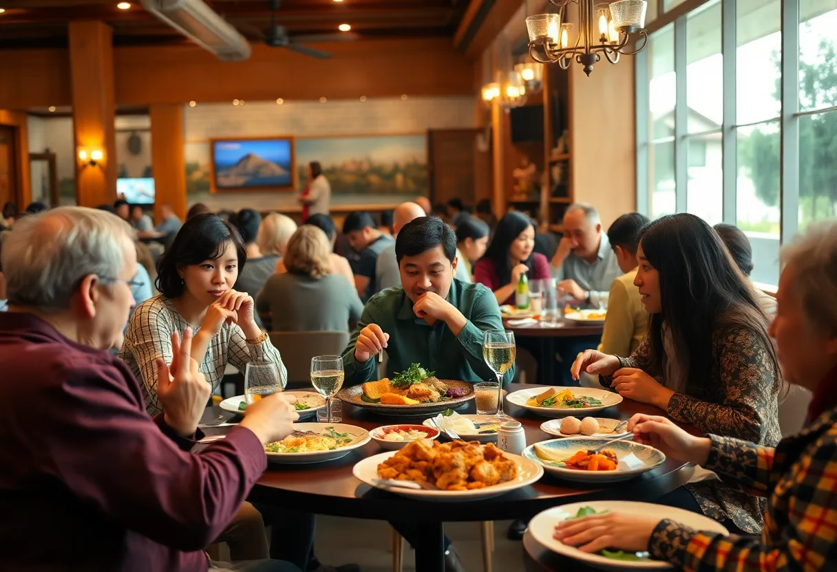 Diverse diners enjoying meals at a restaurant during Charlotte's Restaurant Week
