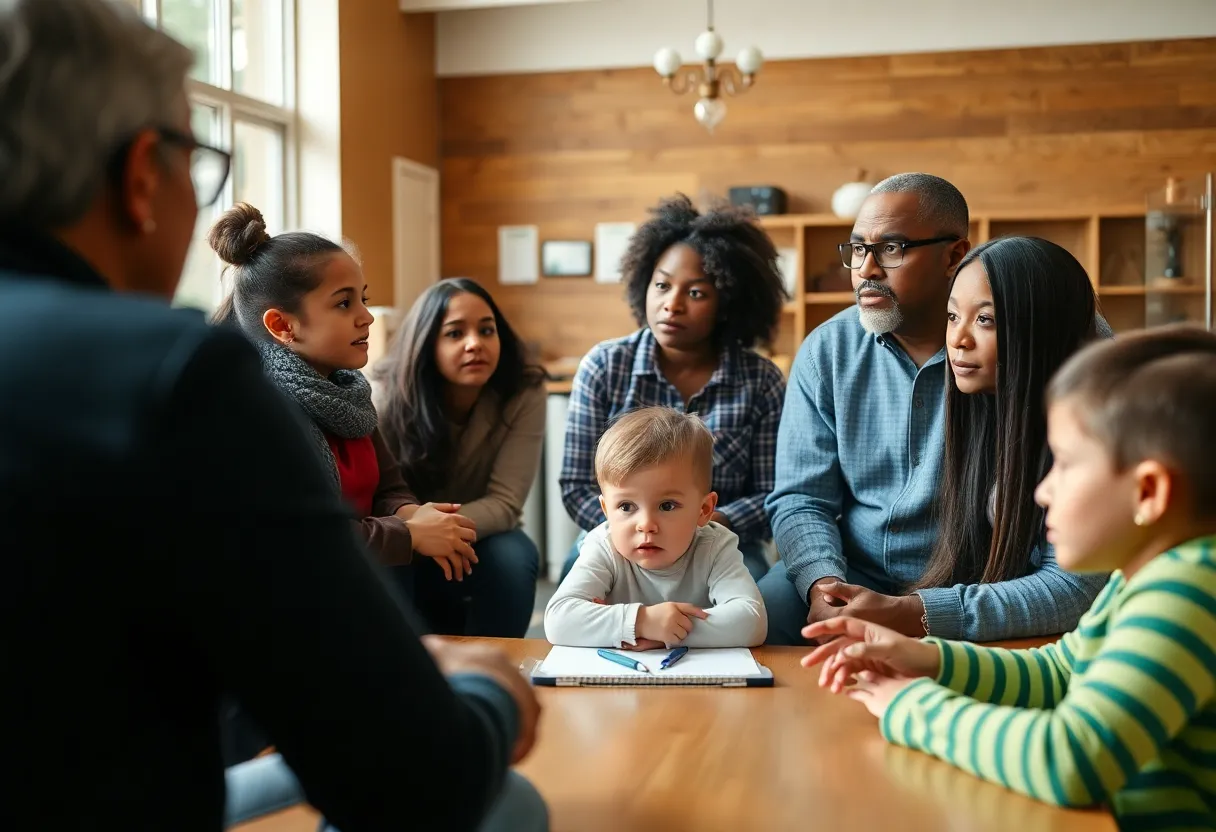 Families discussing child care funding concerns in a community setting