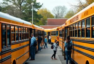 Two CMS buses parked safely near Randolph Middle School