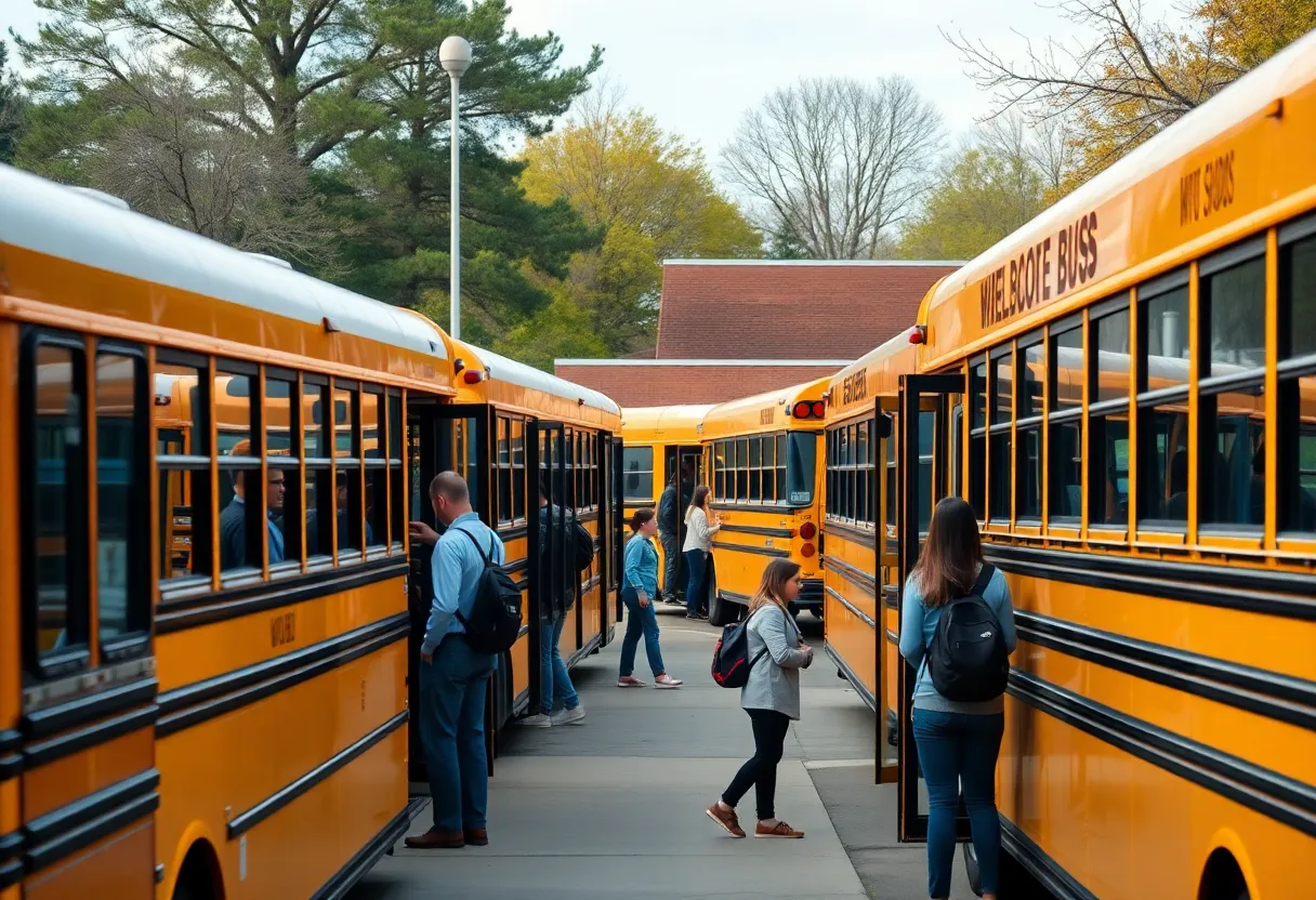 Two CMS buses parked safely near Randolph Middle School