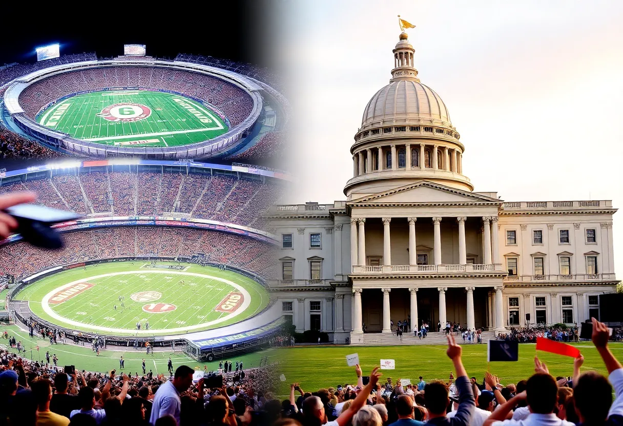 Collage of college football stadiums and Pennsylvania legislative building.