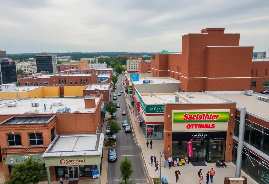 Aerial view of Columbia SC featuring local businesses and financial districts