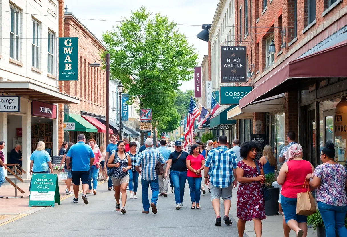 Vibrant Columbia SC street filled with local businesses and engaged residents