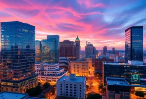 Cityscape of Columbia South Carolina highlighting digital connectivity.