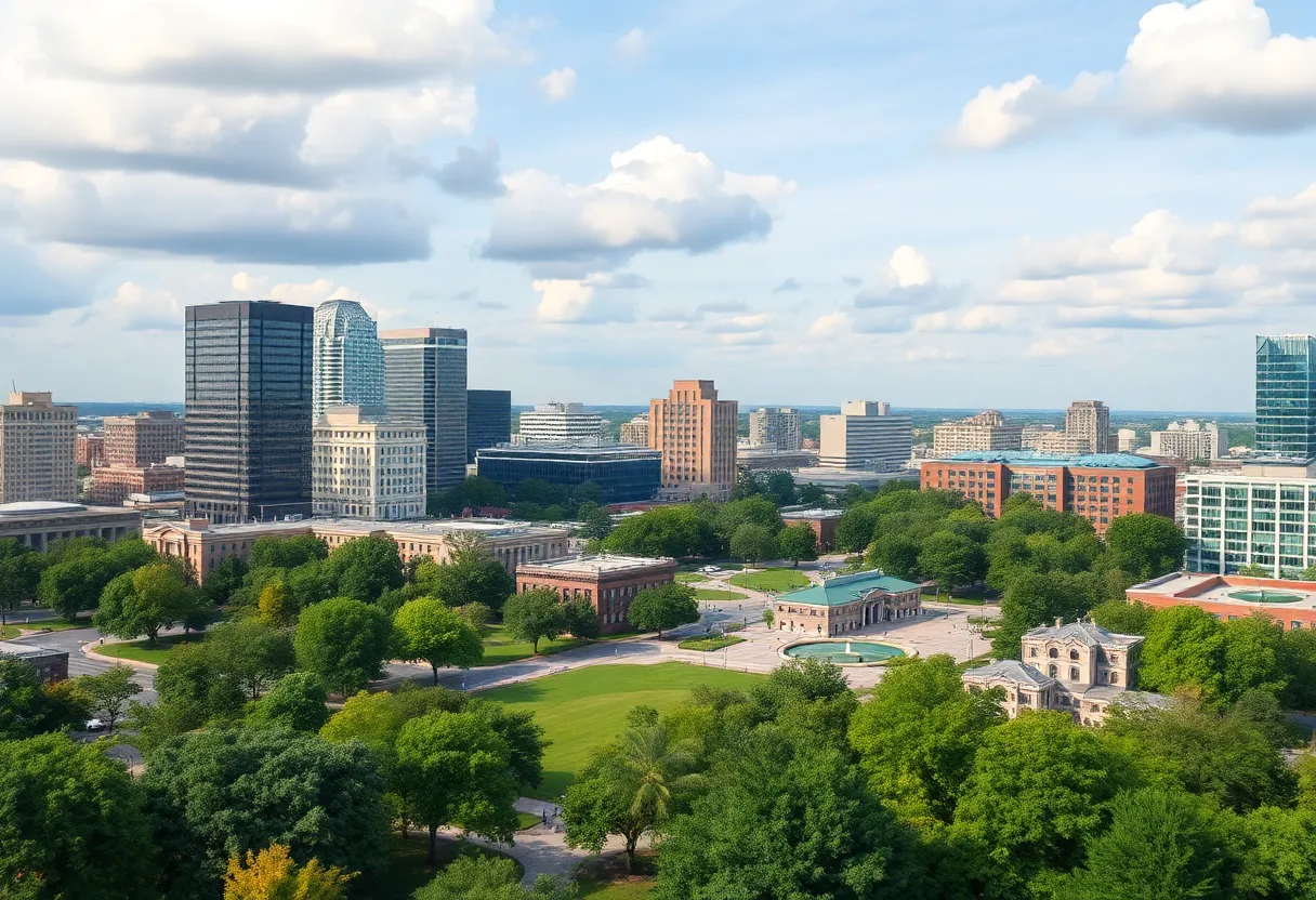 A panoramic view of Columbia SC highlighting new commercial and residential developments.