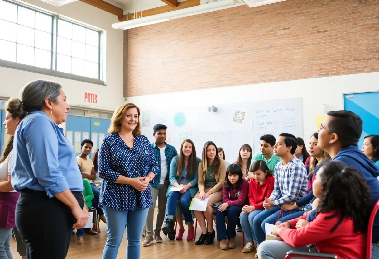 Community members gathering in a school setting discussing superintendent search