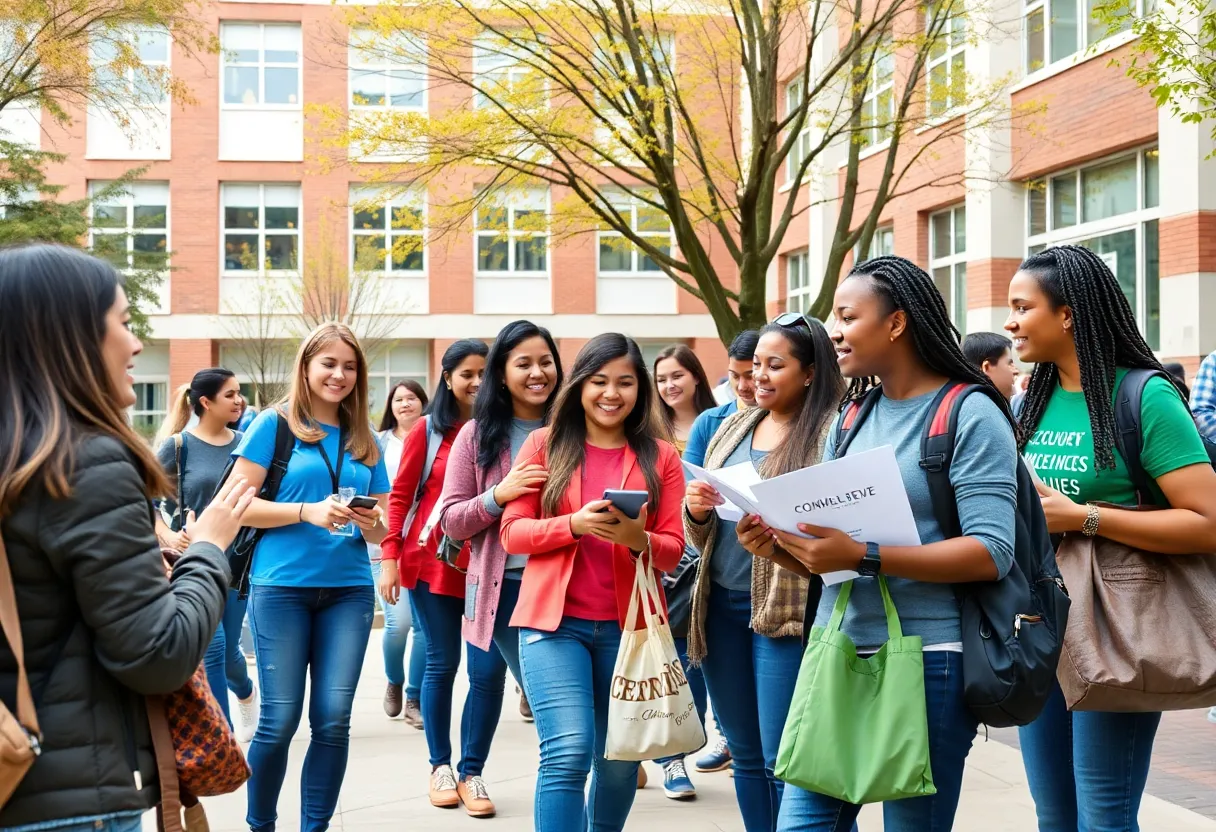 Students participating in community service activities on a university campus.