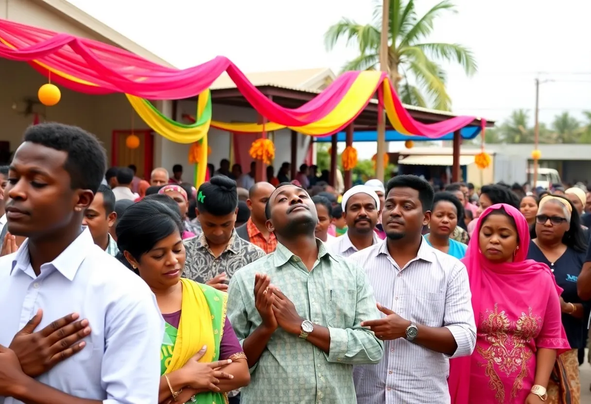 A group of people gathered in a community event for worship and prayer.