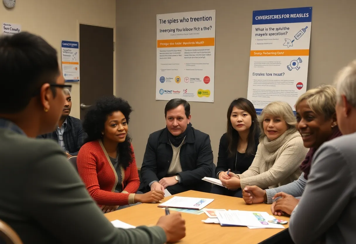 Community members discussing measles prevention strategies