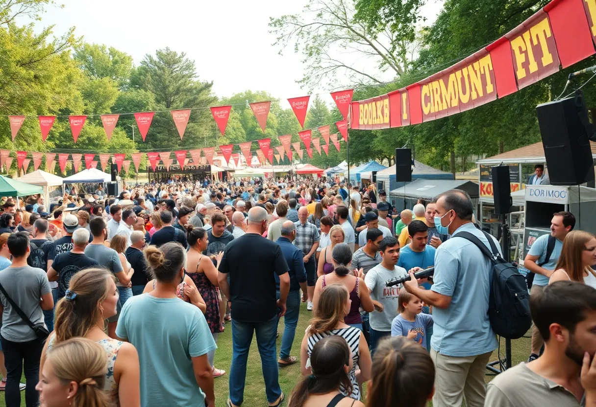 An outdoor music event in Columbia SC showcasing local artists with families and friends enjoying the performance.