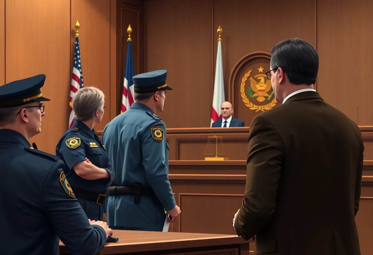 Courtroom scene depicting legal proceedings in a shooting case