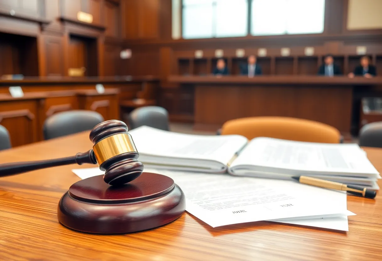 A courtroom with gavel and legal documents representing a civil lawsuit