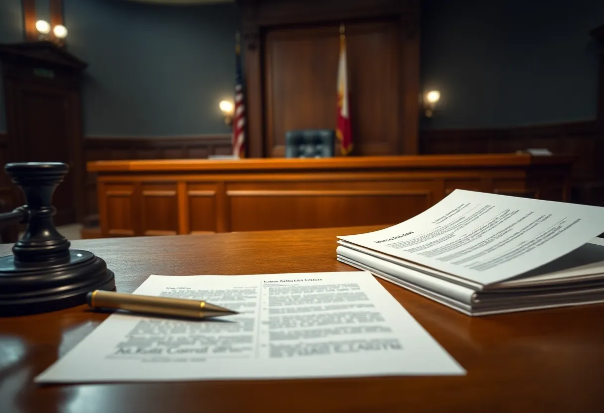 Empty courtroom with legal documents