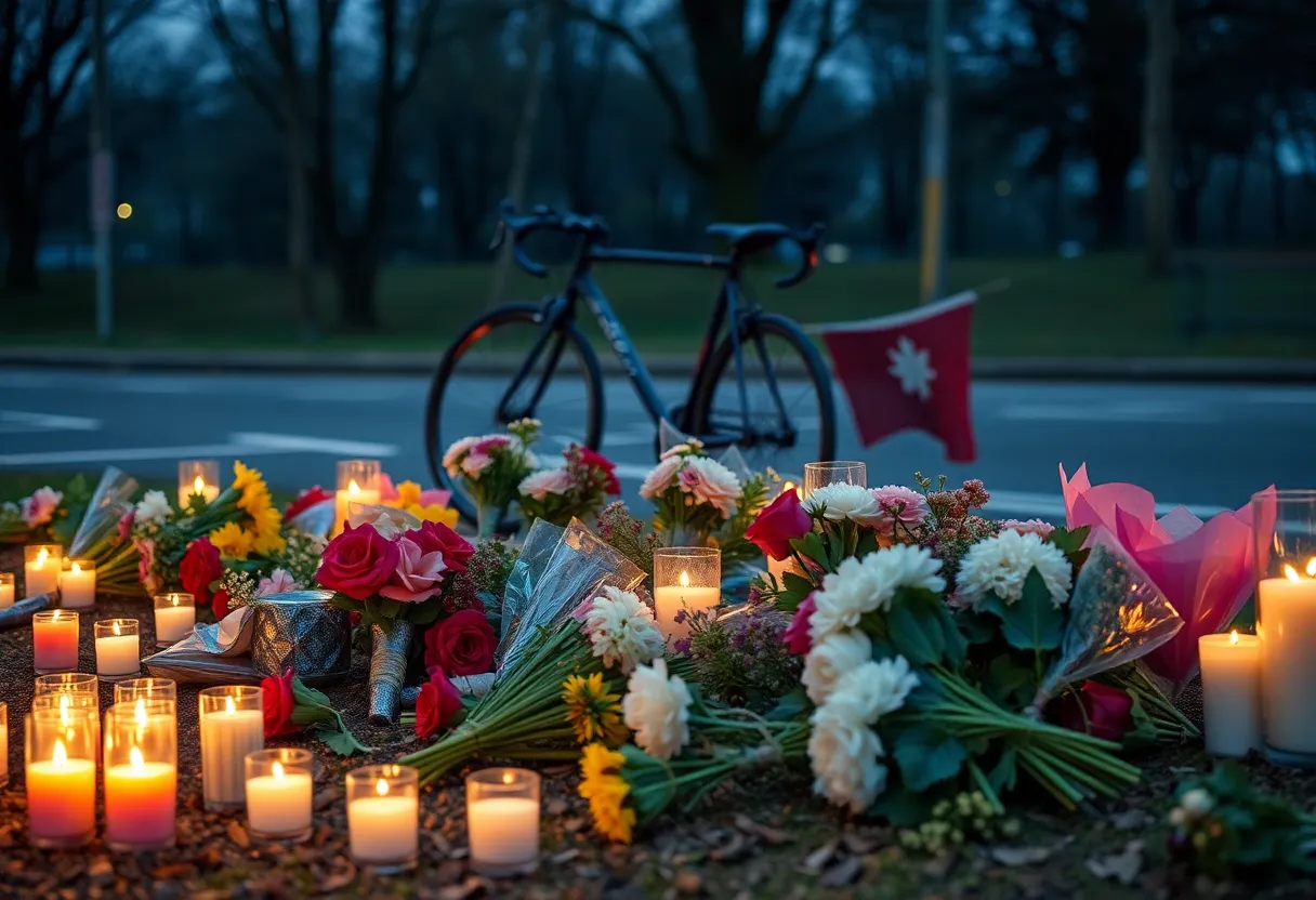 Memorial with flowers and candles for a cyclist who lost their life due to impaired driving.