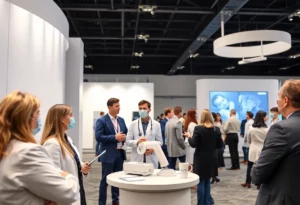 Dentsply Sirona presenting at a healthcare conference with professionals discussing innovations.